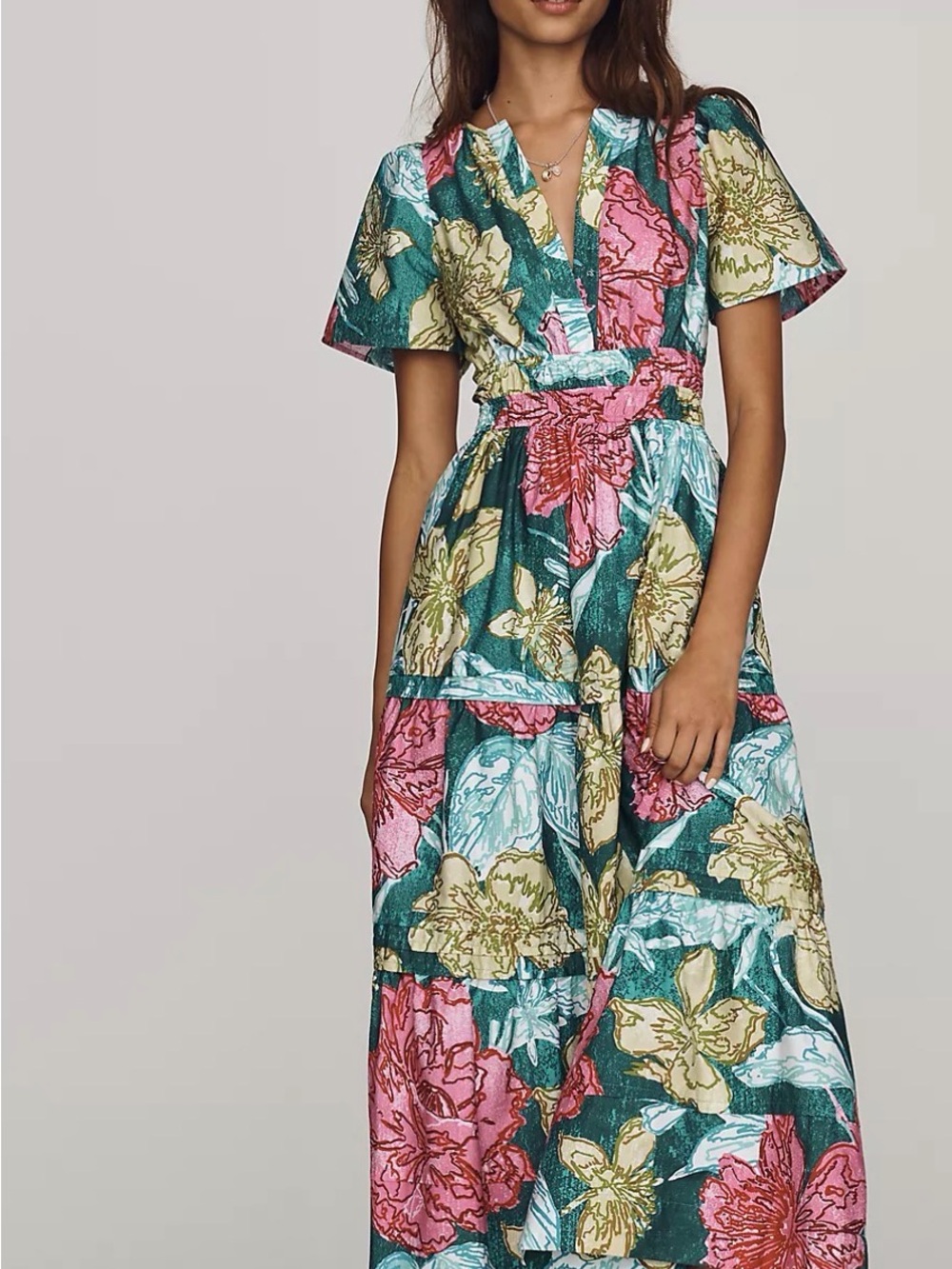 Anthropologie Teal, Pink & Cream Floral V-Neck Maxi Dress